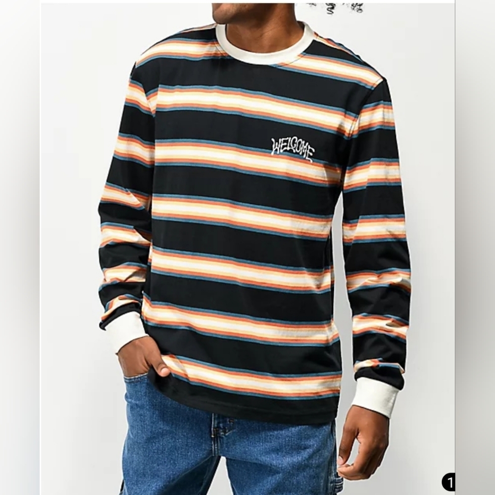 🌟7/25$ WELCOME Thelema Stripe Black Long Sleeve T-Shirt